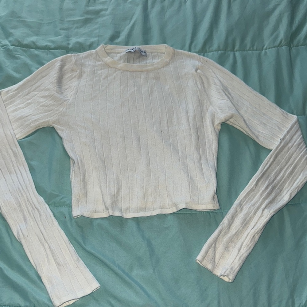Cream Ribbed Long Sleeve Top